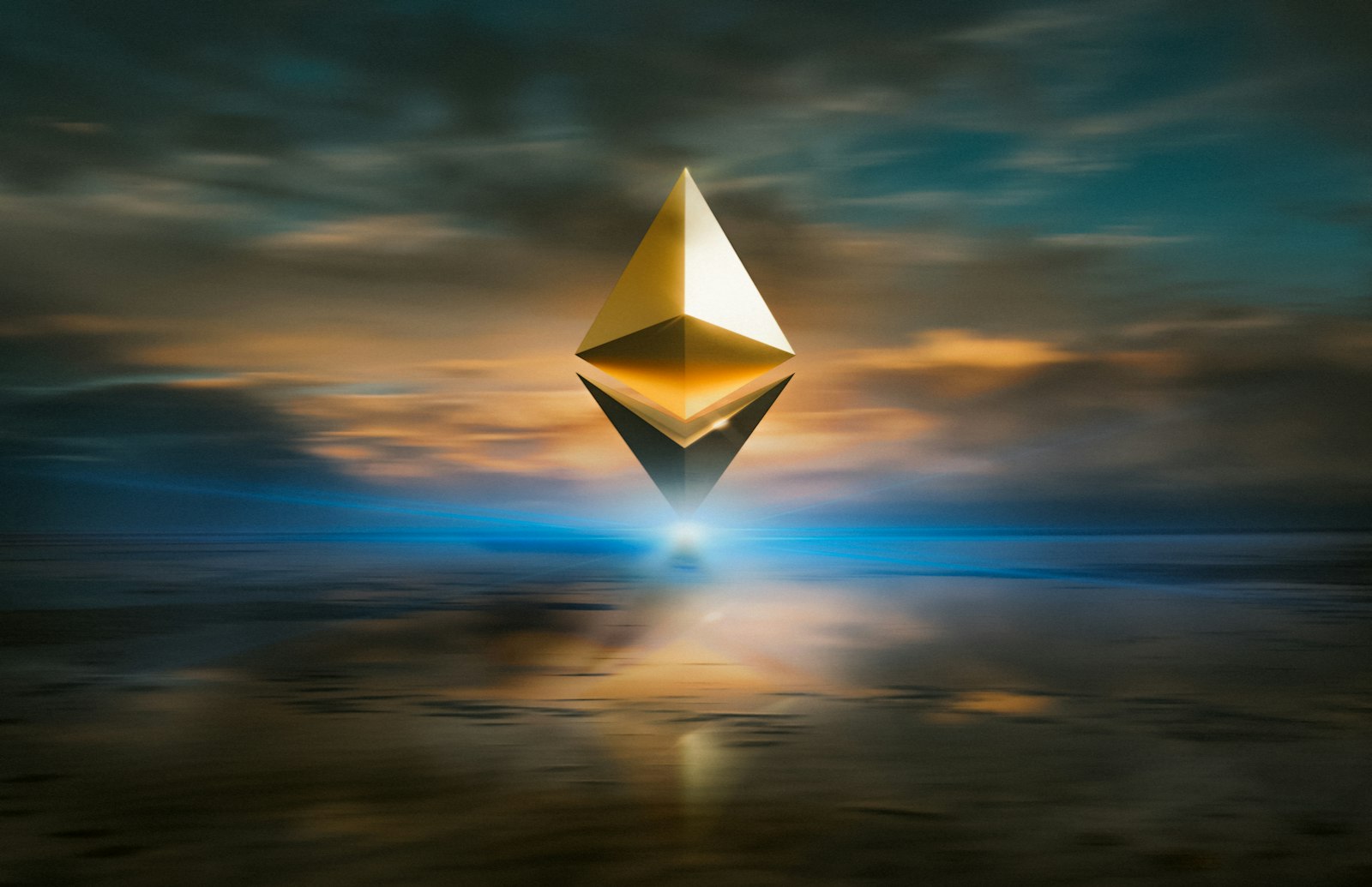 A physical Ethereum coin resting on a dark reflective surface, representing ETH as the settlement and fee asset of an agent economy